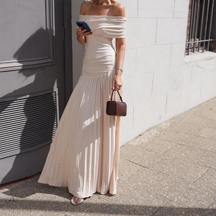 Elegant off-shoulder maxi dresses for women with pleated details and flattering cut Lune London