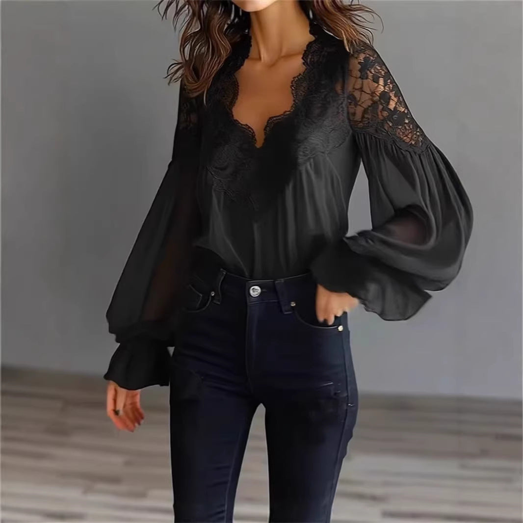 Women's Flowing Blouse with Lace Applications and Long Ruffle Sleeves Lune London