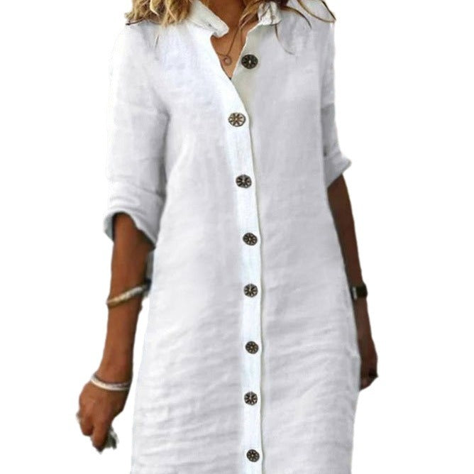 Linen shirt dress for women with button placket and roll-up sleeves Lune London