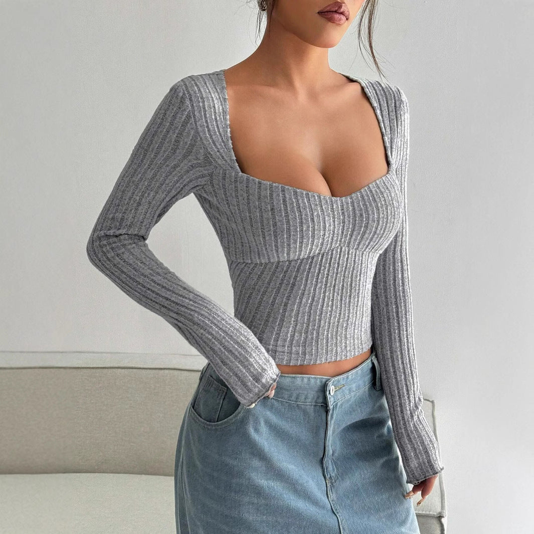 Top court à manches longues pour femme avec décolleté en V plongeant et texture côtelée Chic & Stil