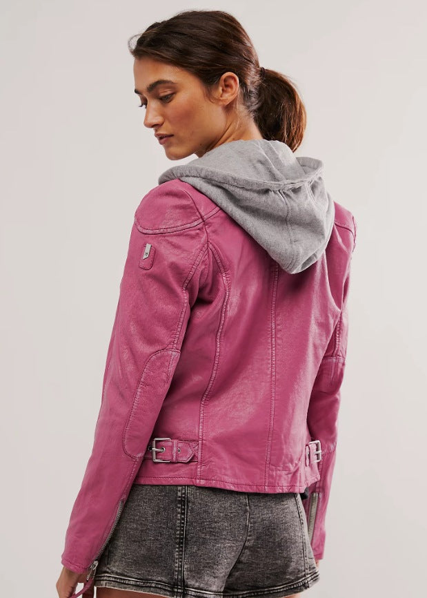 Ladies stylish leather jacket with removable hood Lune London