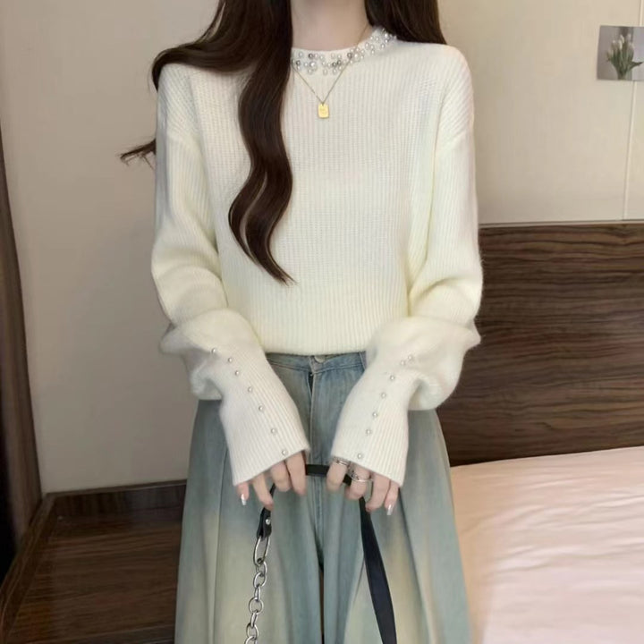 Ladies elegant sweater with ornate pearl details Lune London
