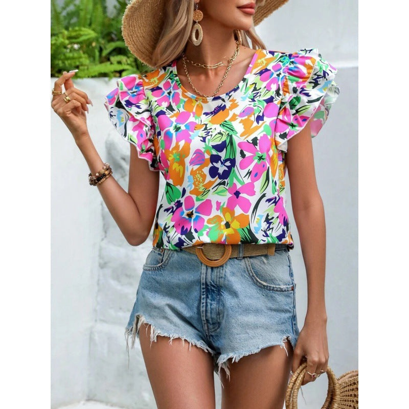 Ladies Top with Puff Sleeves Floral Lune London