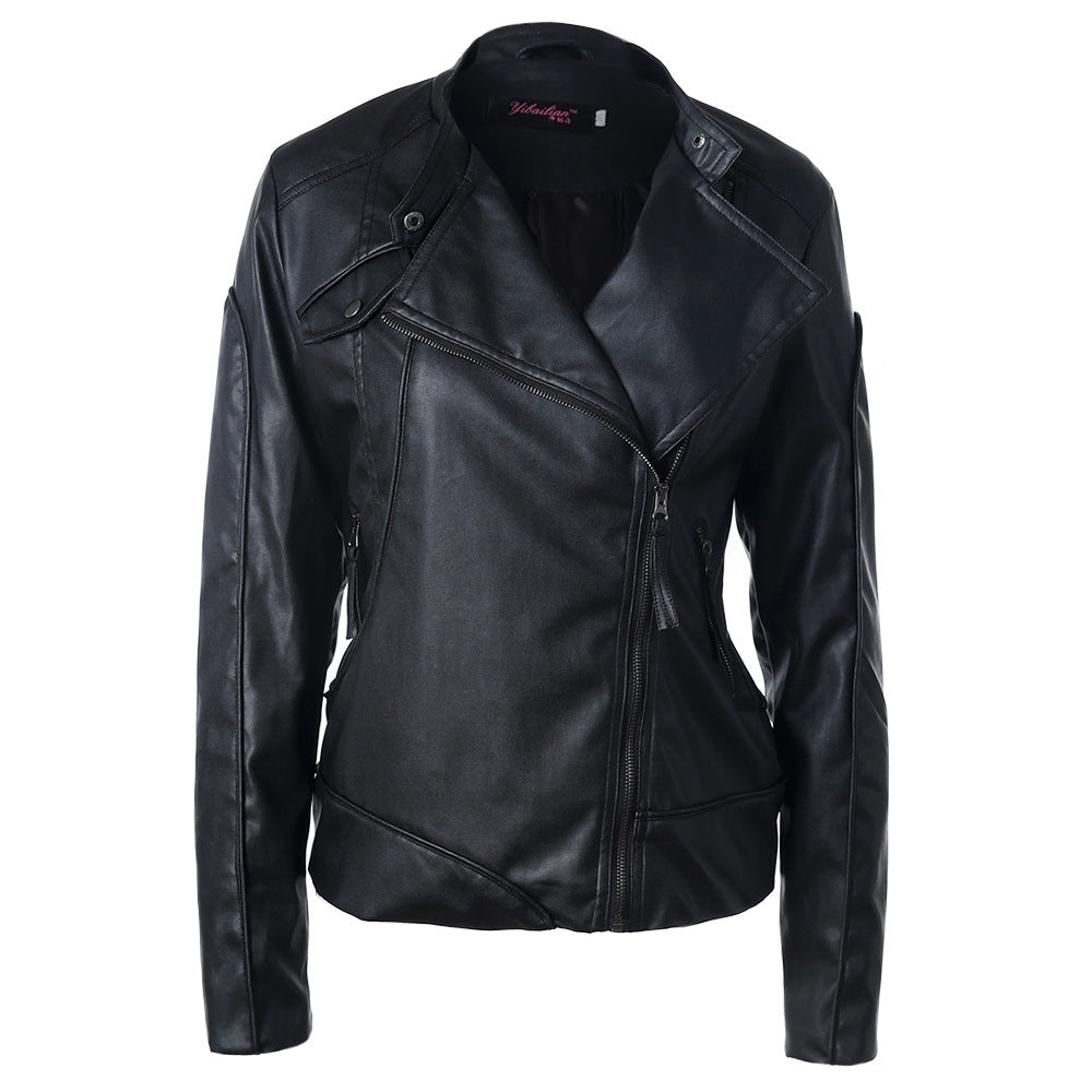 Fashionable synthetic leather jacket for women with asymmetrical zipper and high collar Lune London