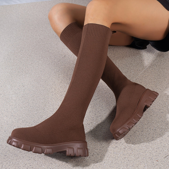 High knitted boots for women with slip-resistant molded sole and elastic upper Lune London