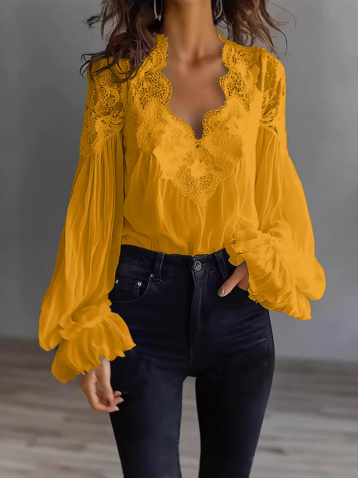 Women's Flowing Blouse with Lace Applications and Long Ruffle Sleeves Lune London
