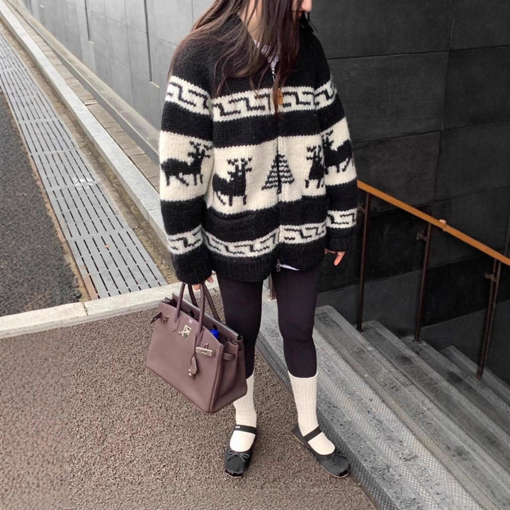 Women's knit jacket with a striking reindeer pattern and high-quality finish Lune London