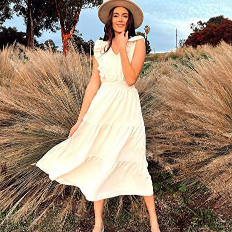 Maxi dress for women with ruffle details and elastic waist Lune London