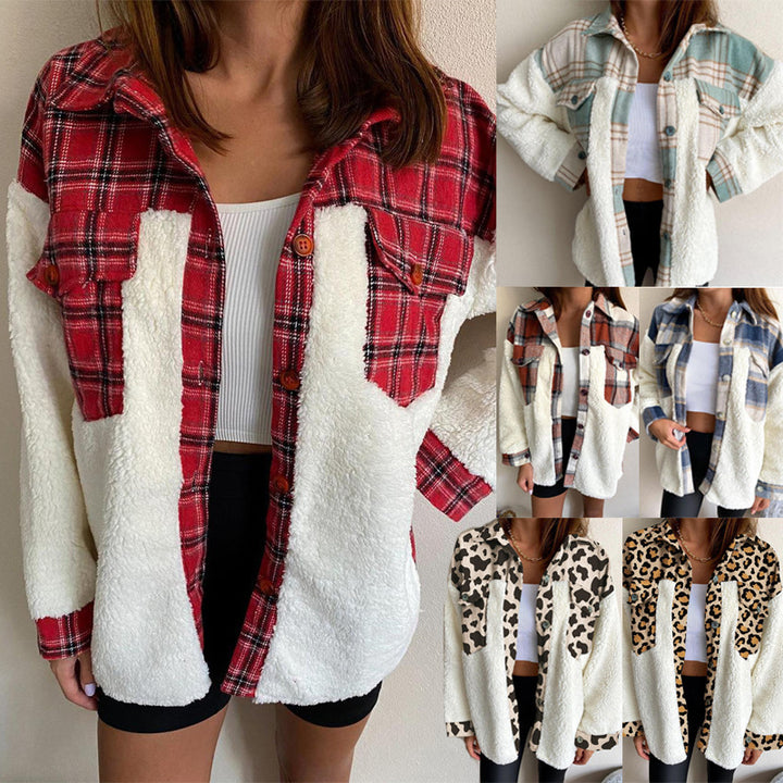 Ladies Oversized Casual Checkered Fleece Jacket with Pockets Lune London