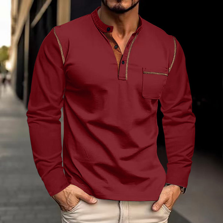 Men's long sleeve Henley shirt with modern collar and practical chest pocket Lune London
