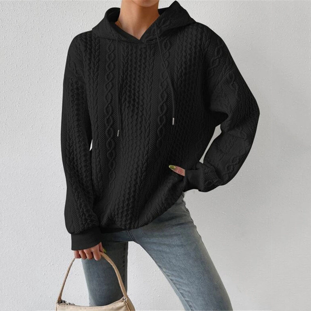 High-quality knit sweater for women with hood and decorative cable pattern Lune London