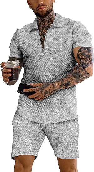 Men's trendy short-sleeve top with textured design and matching shorts Lune London