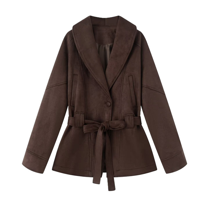 Elegant suede jacket for women with belted waist and large lapels Lune London