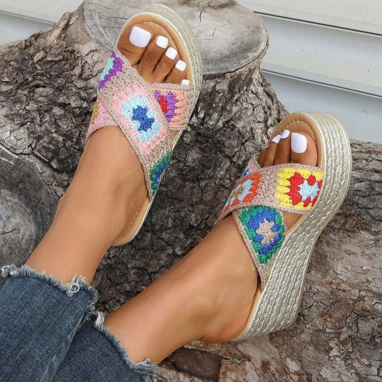 Comfortable wedge sandals for women with a colorful crochet design Lune London