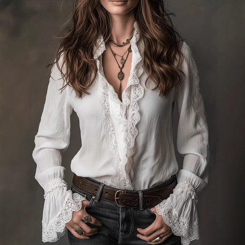 Ladies elegant blouse with ruffle details and lace trim Lune London