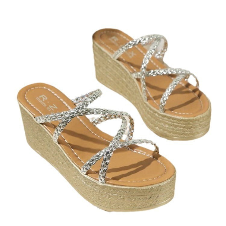 Elegant platform sandals for women with woven strap design Lune London