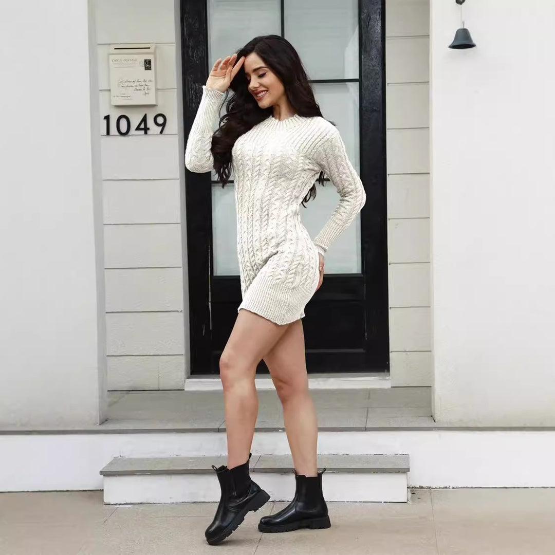Women's knit dress with textured twisted design and elegant round neck Lune London