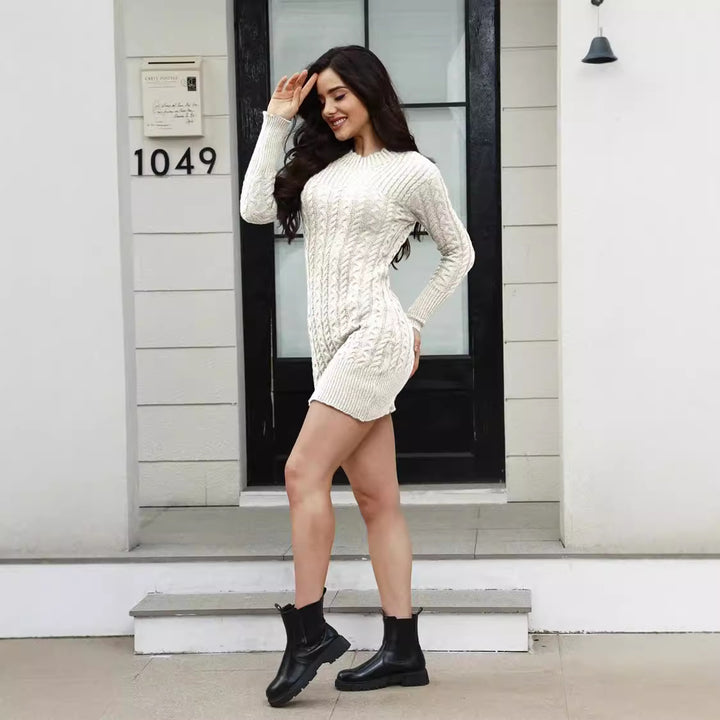 Women's knit dress with textured twisted design and elegant round neck Lune London