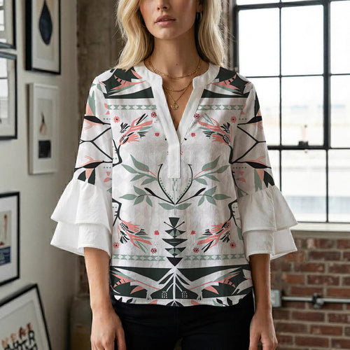 Women's casual blouse with ruffled sleeves and botanical print Lune London