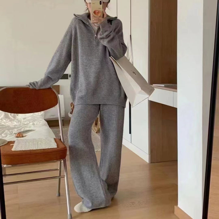 Comfortable knit set for women with half-zip and wide leg Lune London