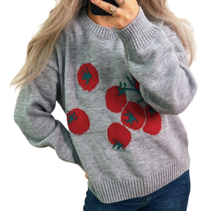 Pull en tricot pour femmes avec un motif de tomate ludique et une coupe décontractée Chic & Stil