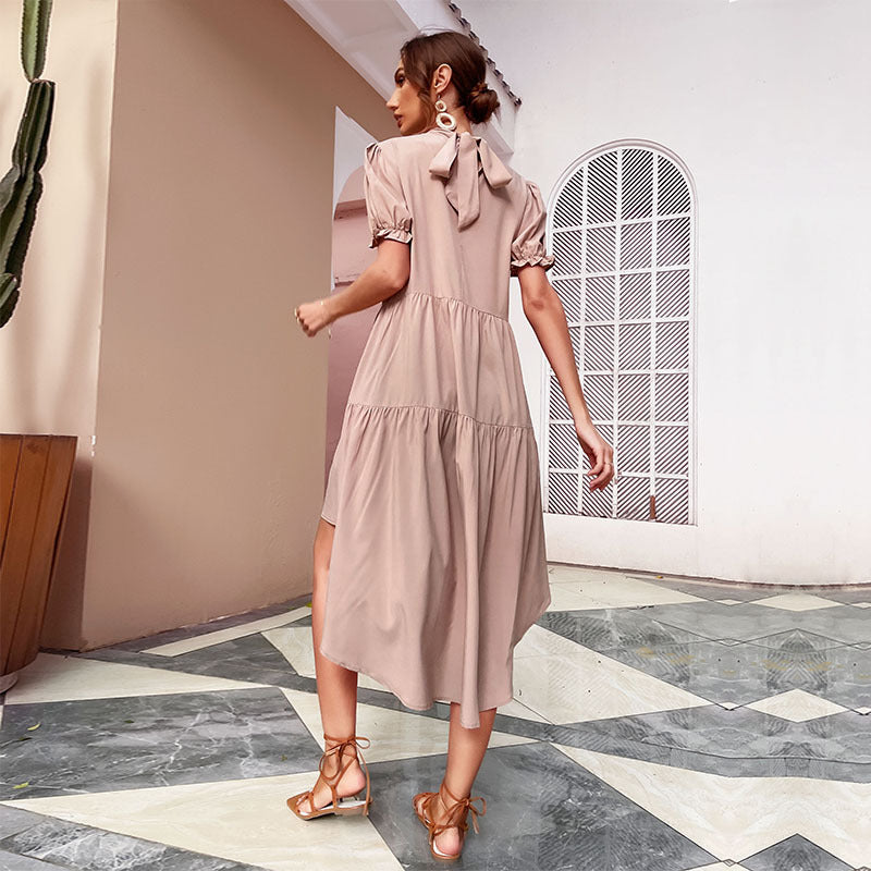 Asymmetrical fluid ruffle dress for women with puff sleeves Lune London