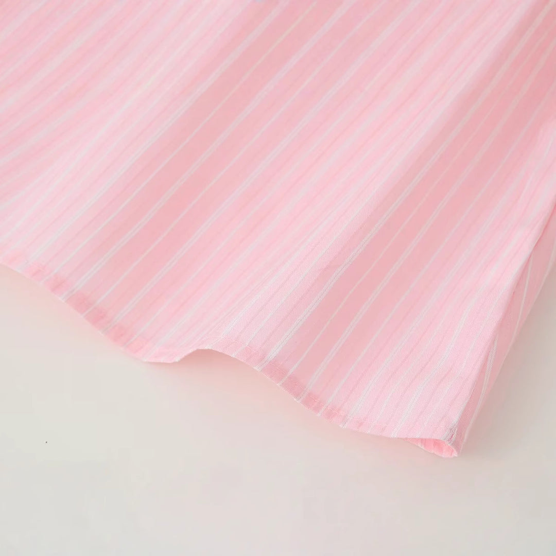 Shirt dress for women with wrapped detail and fine stripe pattern Lune London