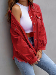 Ladies stylish overshirt jacket with fringed hem Lune London