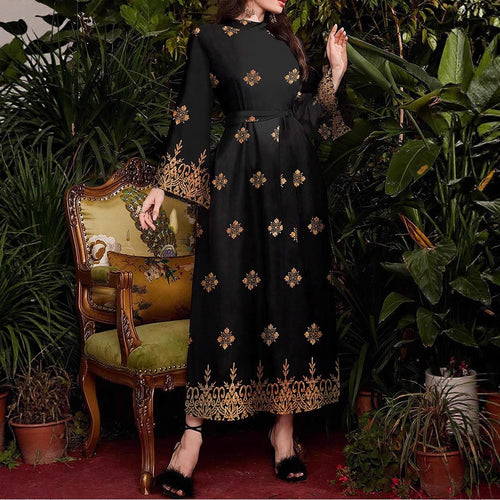 Evening party dress for women with an elegant gold and floral pattern Lune London