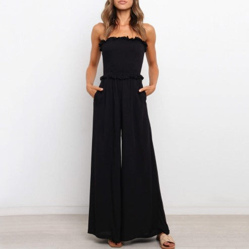 Strapless jumpsuit for women with wide legs and ruffled trim Lune London