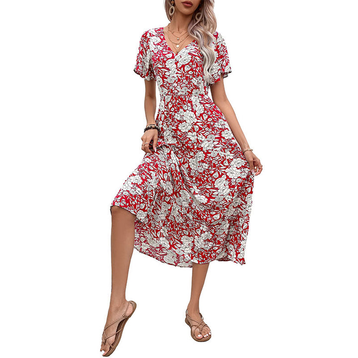 Midi floral print dress for women with V-neck and floating short sleeves Lune London