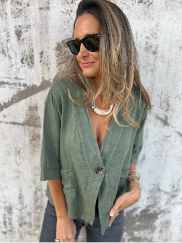 Lightweight linen jacket for women with three-quarter sleeves and Moon London button detail