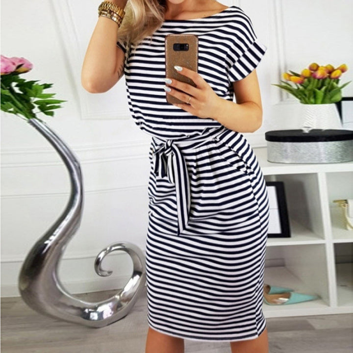 Elegant striped dress for women with tie belt Lune London