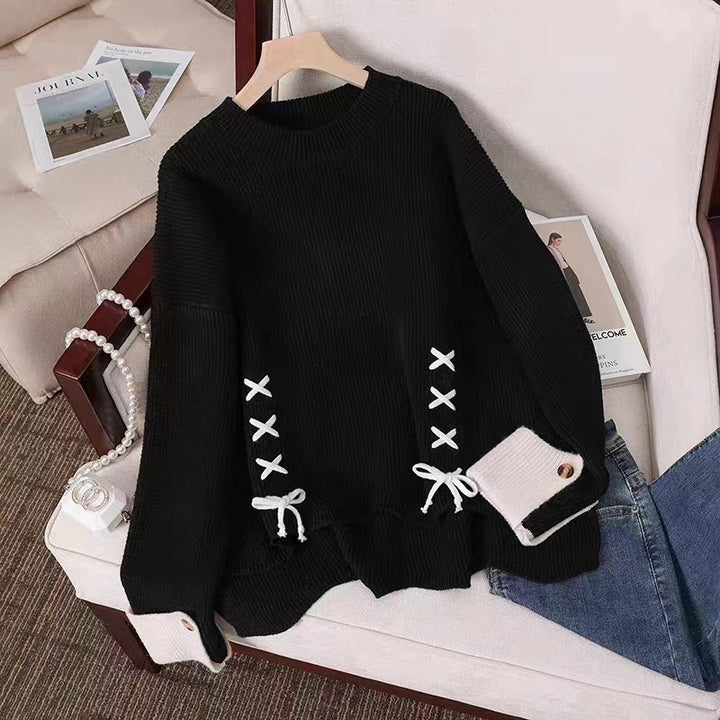 Casual knitted sweater for women with decorative knot and button details Lune London