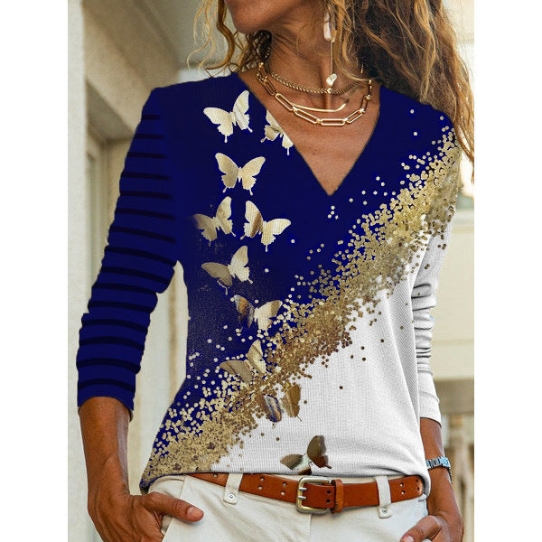 Lune London Women's Long Sleeve Floral Print V Neck Top
