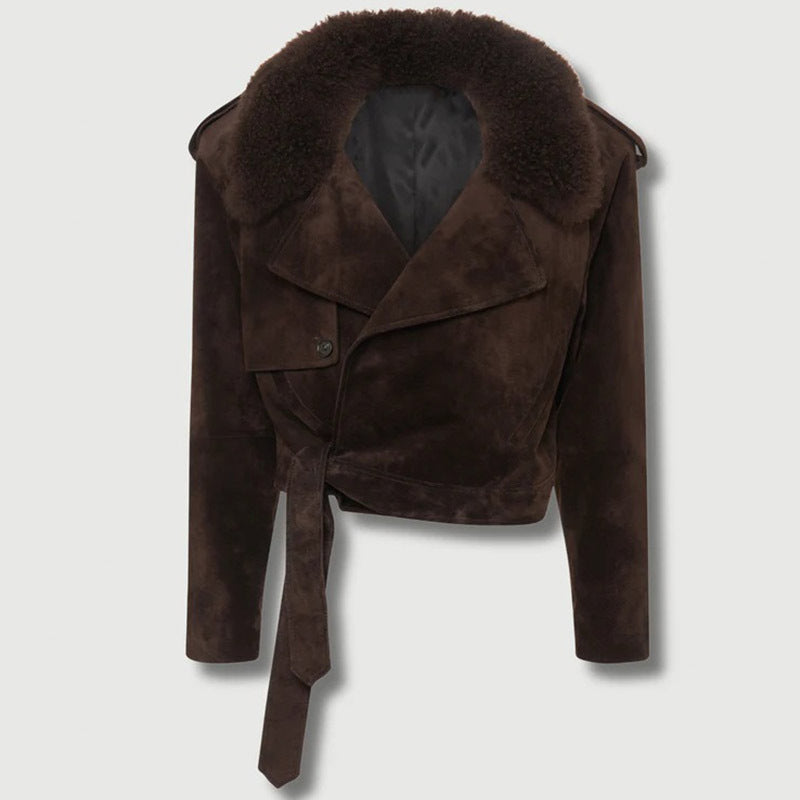Veste de biker pour femmes en suède robuste avec col en fourrure amovible Chic & Stil