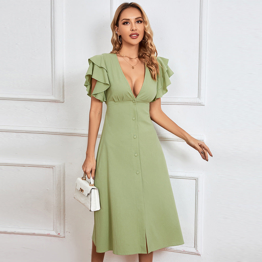 Elegant midi dress for women with ruffle details and button placket Chic & Stil