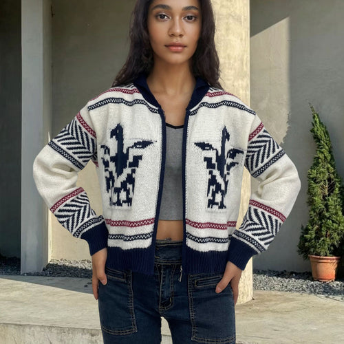 Ladies trendy knitted cardigan with contrasting patterns Lune London