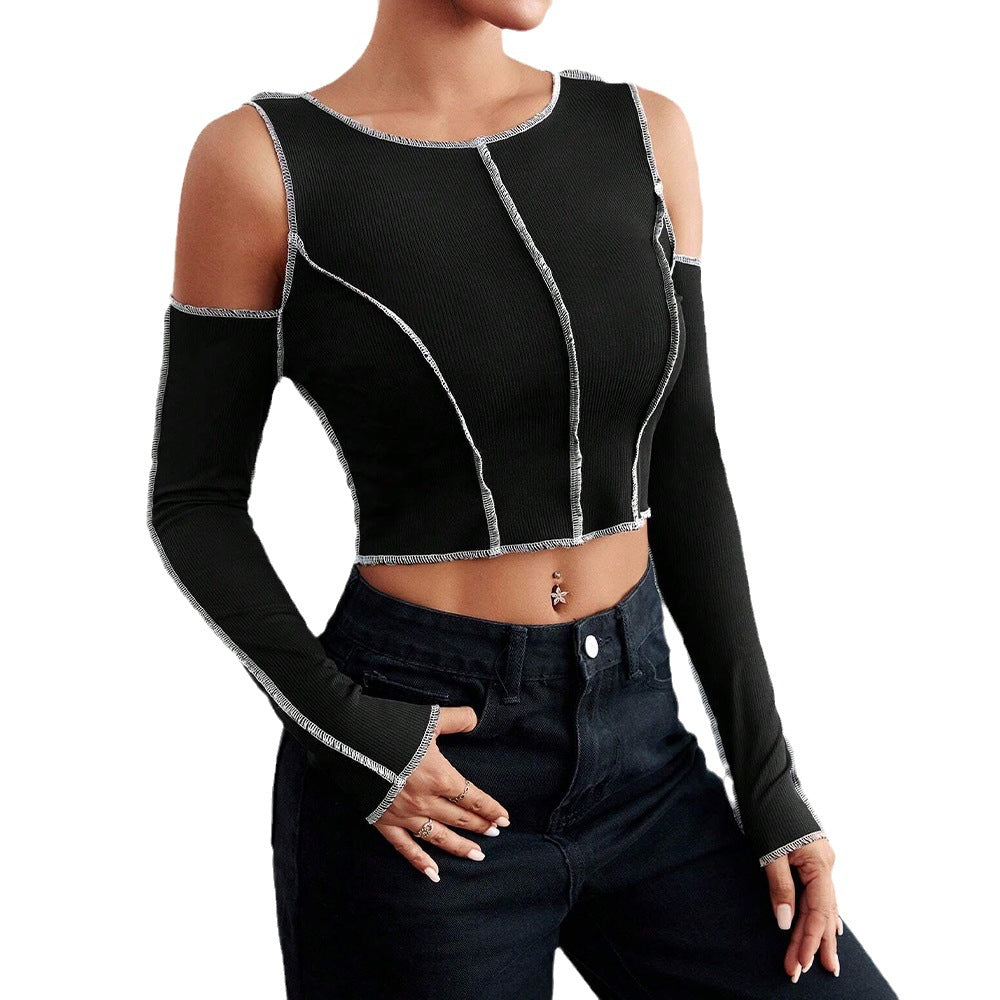 Chic & Stil Women's Long Sleeve Crop T-Shirt with Cut-Out Details and Trendy Contrast