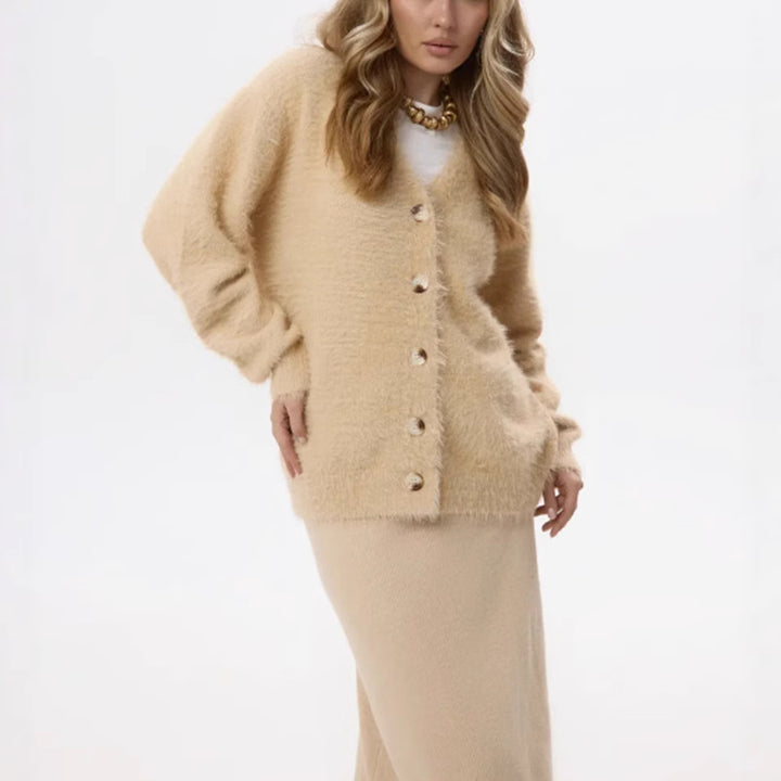 Ladies Soft Wool Sweater with Pearl Buttons and Casual Chic Fit