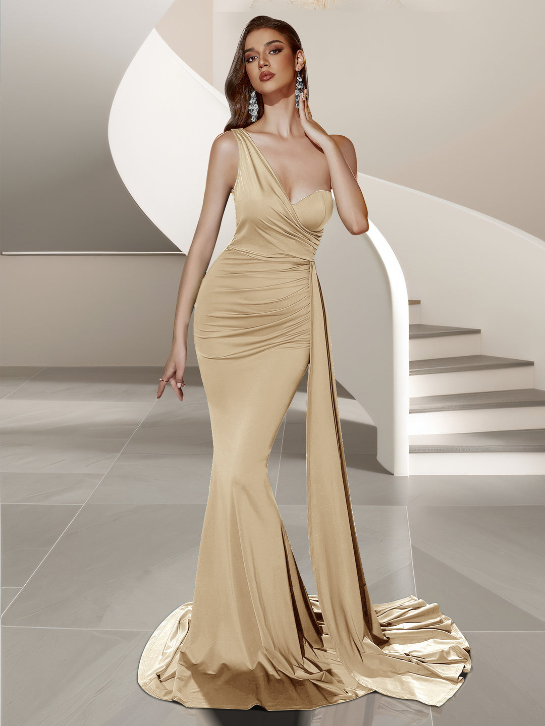 Robe de soirée formelle pour femmes avec design asymétrique et tissu fluide Chic & Stil