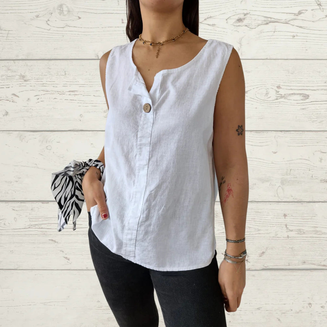 Ladies lightweight linen sleeveless blouse with button details Lune London