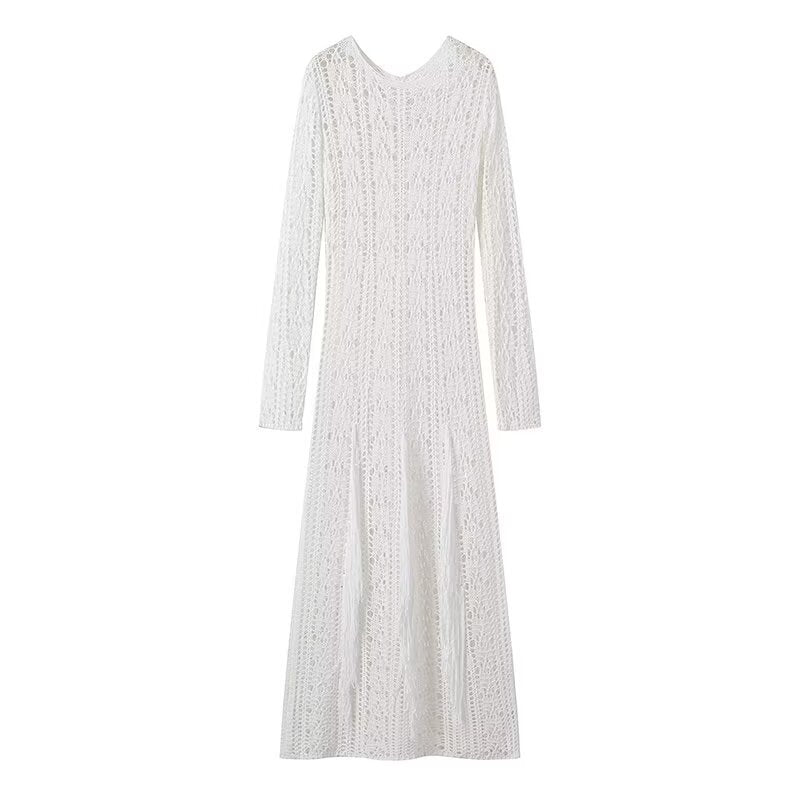 Maxi knit dress for women with an elegant openwork pattern and a longer cut Lune London