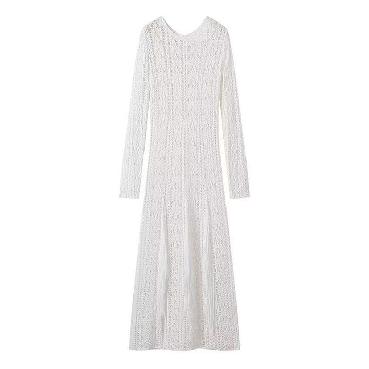 Maxi knit dress for women with an elegant openwork pattern and a longer cut Lune London