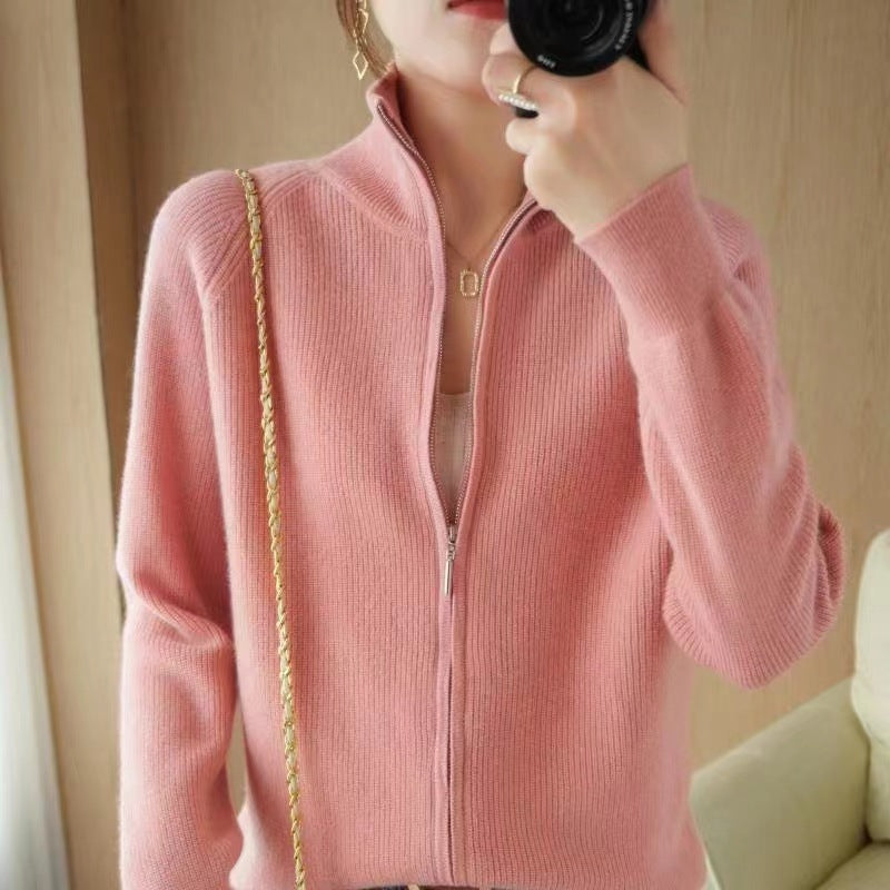 Knitted jacket for women with high collar and full zip Lune London
