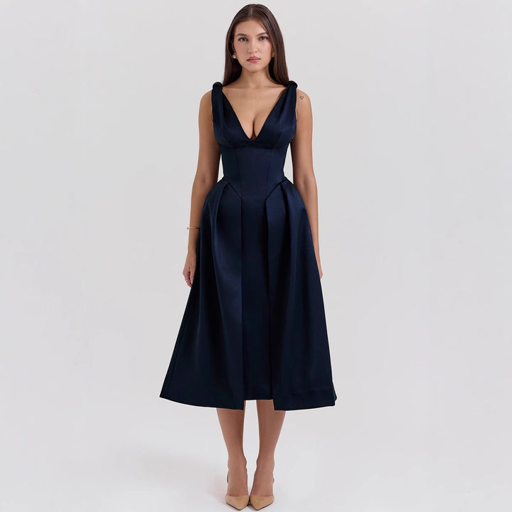Elegant Midi Dress for Women with Dreamy V-Neck and Chic Elegant Pleats