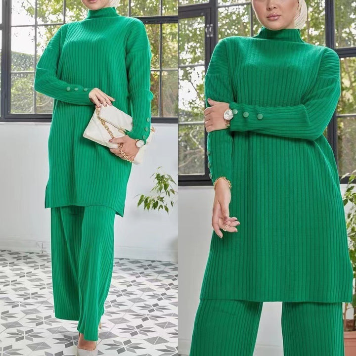 Casual knitted set for women with high collar and button details Lune London