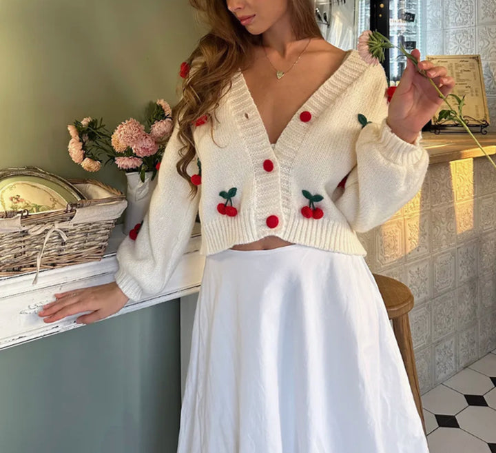 Ladies knit cardigan with strawberry appliqués Lune London