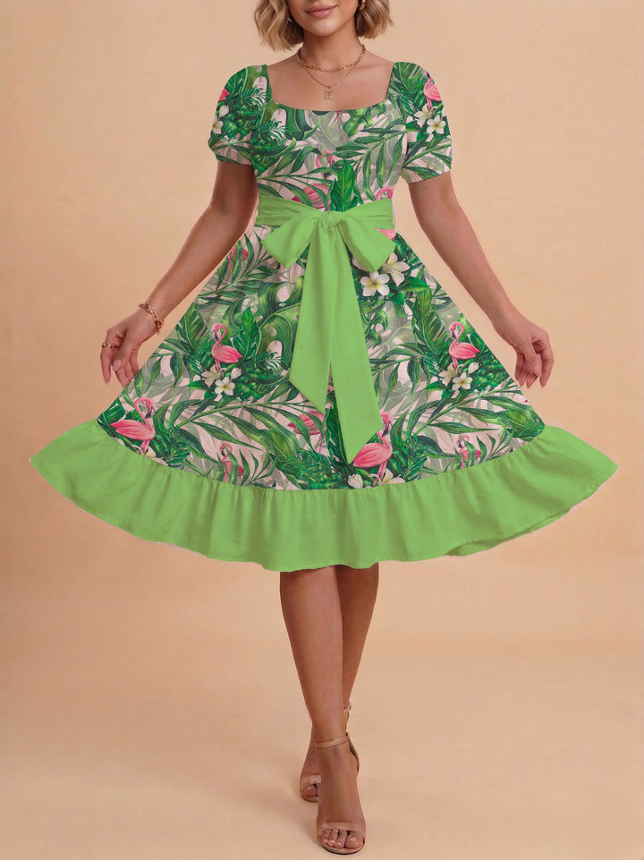 Women A-line dress with floral motifs and adjustable belt Lune London
