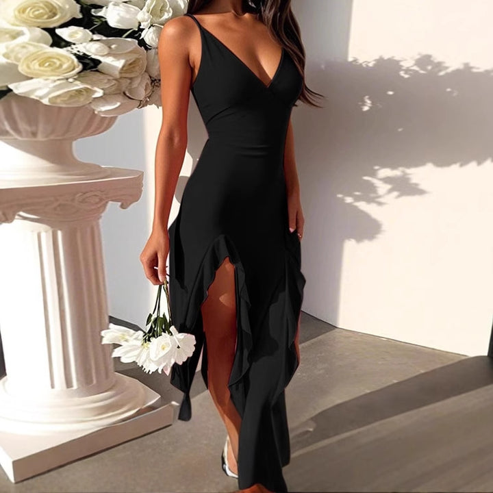 Elegant maxi dresses for women with asymmetrical hem and deep V-neck Lune London